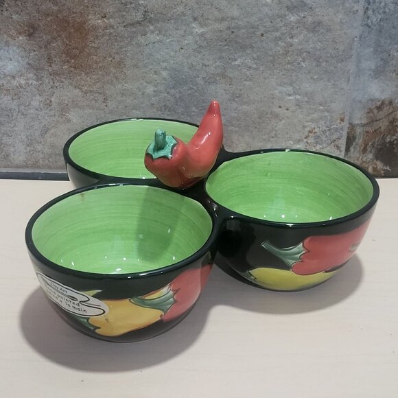 Clay Art Condiment Dish 3 Section Bowl Relish Chili Pepper Jalapeno Center - Picture 11 of 11